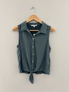 Green Envelope Sleeveless Tie Front Top Slate Teal Button Front Blouse Women